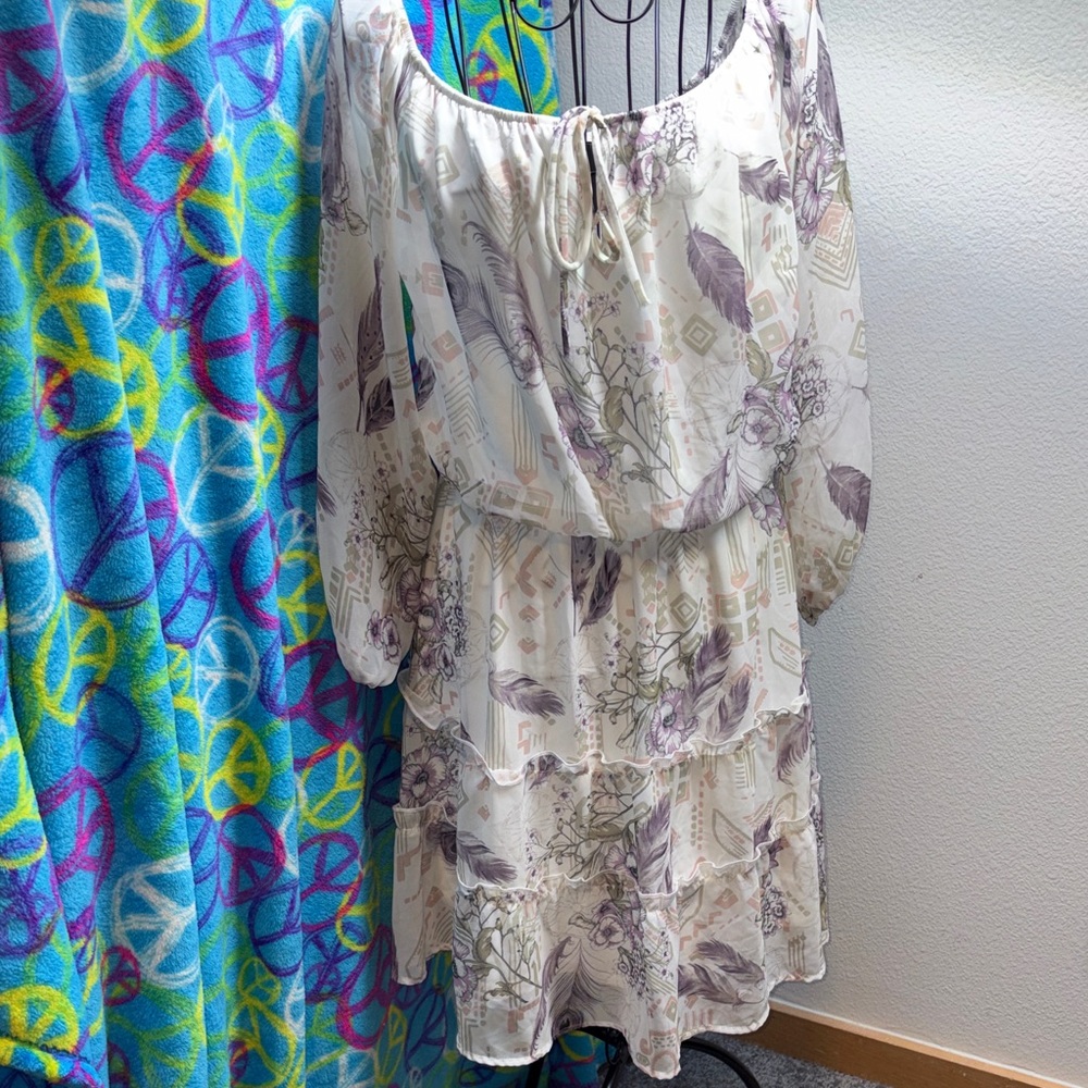 Peach Love California Boho Floral Tiered Peasant Dress in Ivory and Mauve
